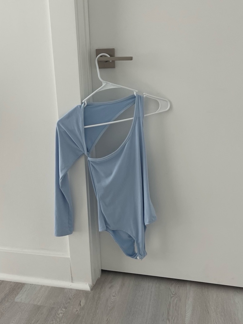 Asymmetric One-Shoulder Bodysuit in Light Blue